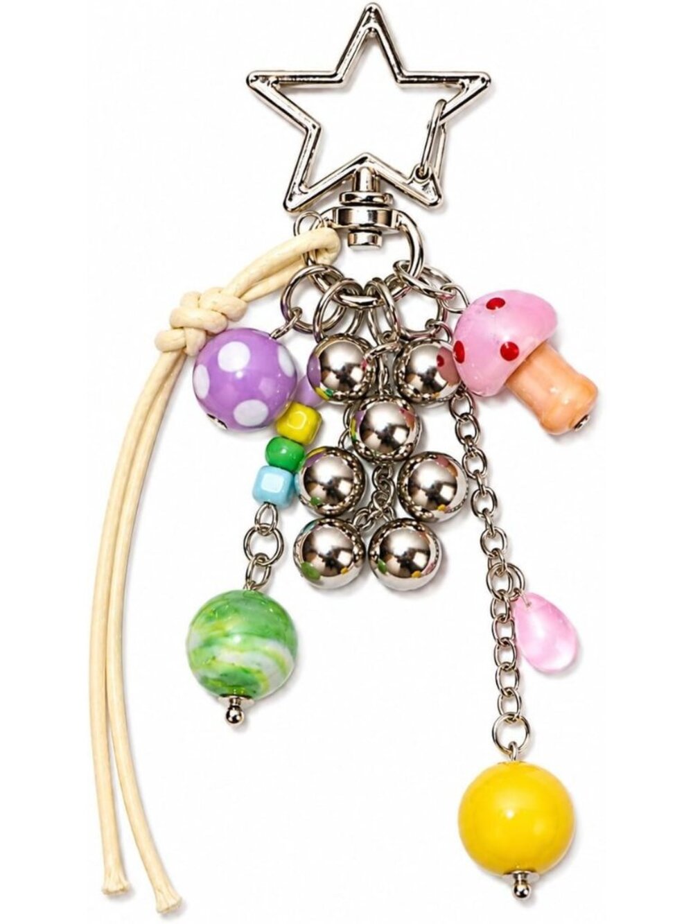 Women's Pastel Pink Mushroom Bag Charm Keychain Silver-toned Stacked Rainbow
